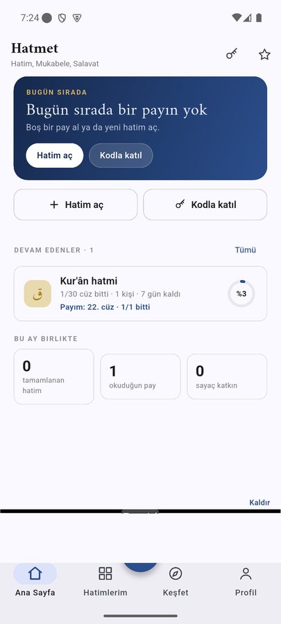 Ana sayfa: devam eden hatimler ve yeni hatim düğmesi