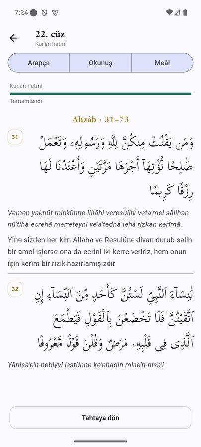 Cüz okuma ekranı: Arapça metin ve meâl