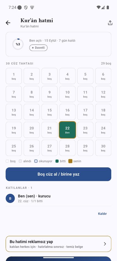 Kur'ân hatmi için 30 cüzlük tahta; 22. cüz bitmiş