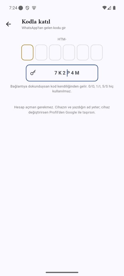 Kodla katıl ekranı: HTM- kodu girme alanı