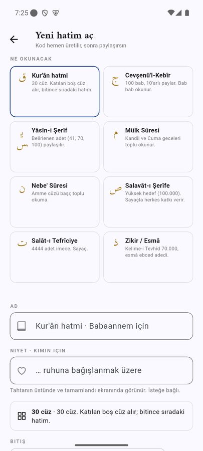 Yeni hatim formu: tür seçimi ve şablonlar